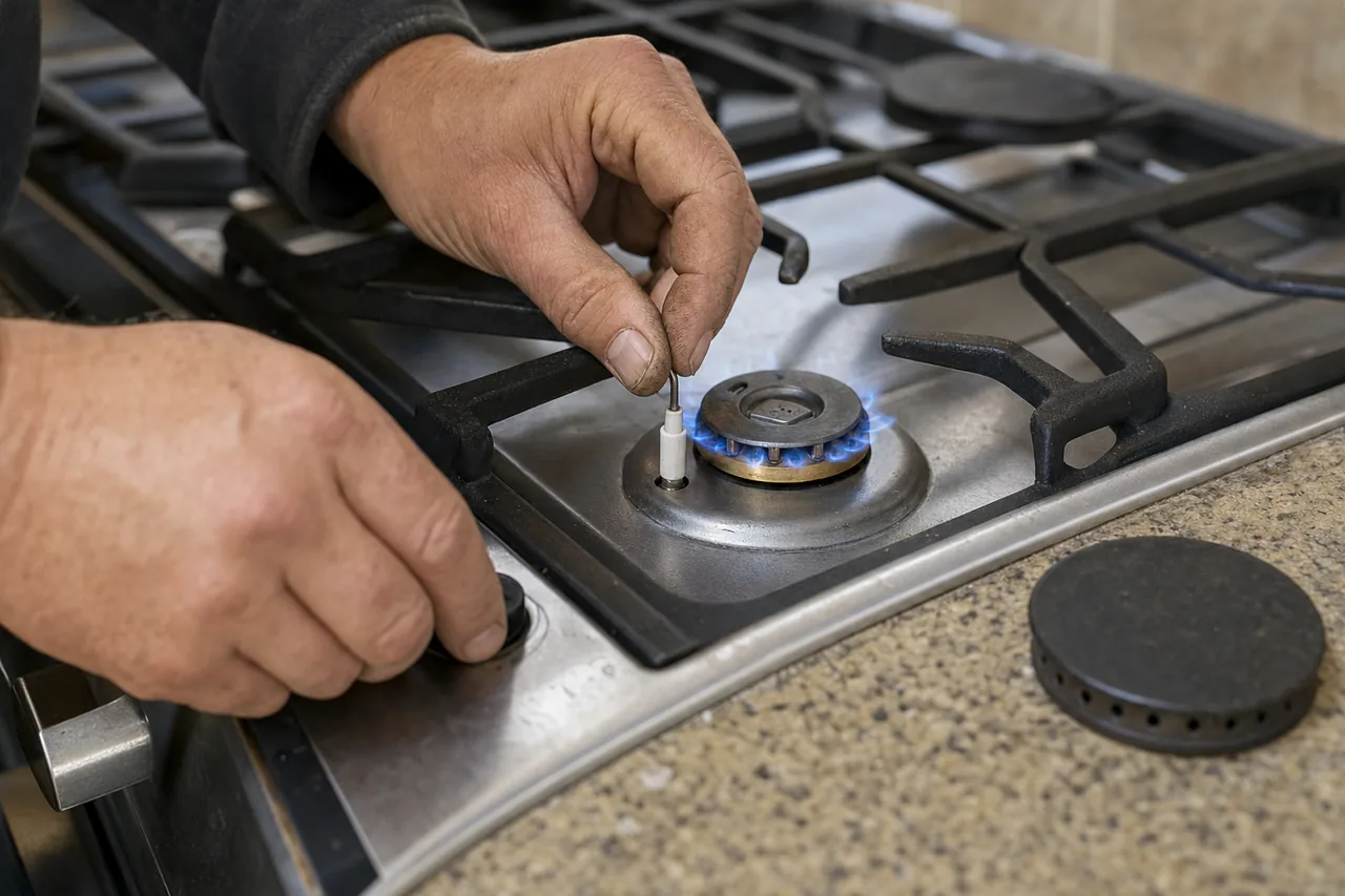 Technician adjusting a gas cooktop burner in a New Canaan kitchen