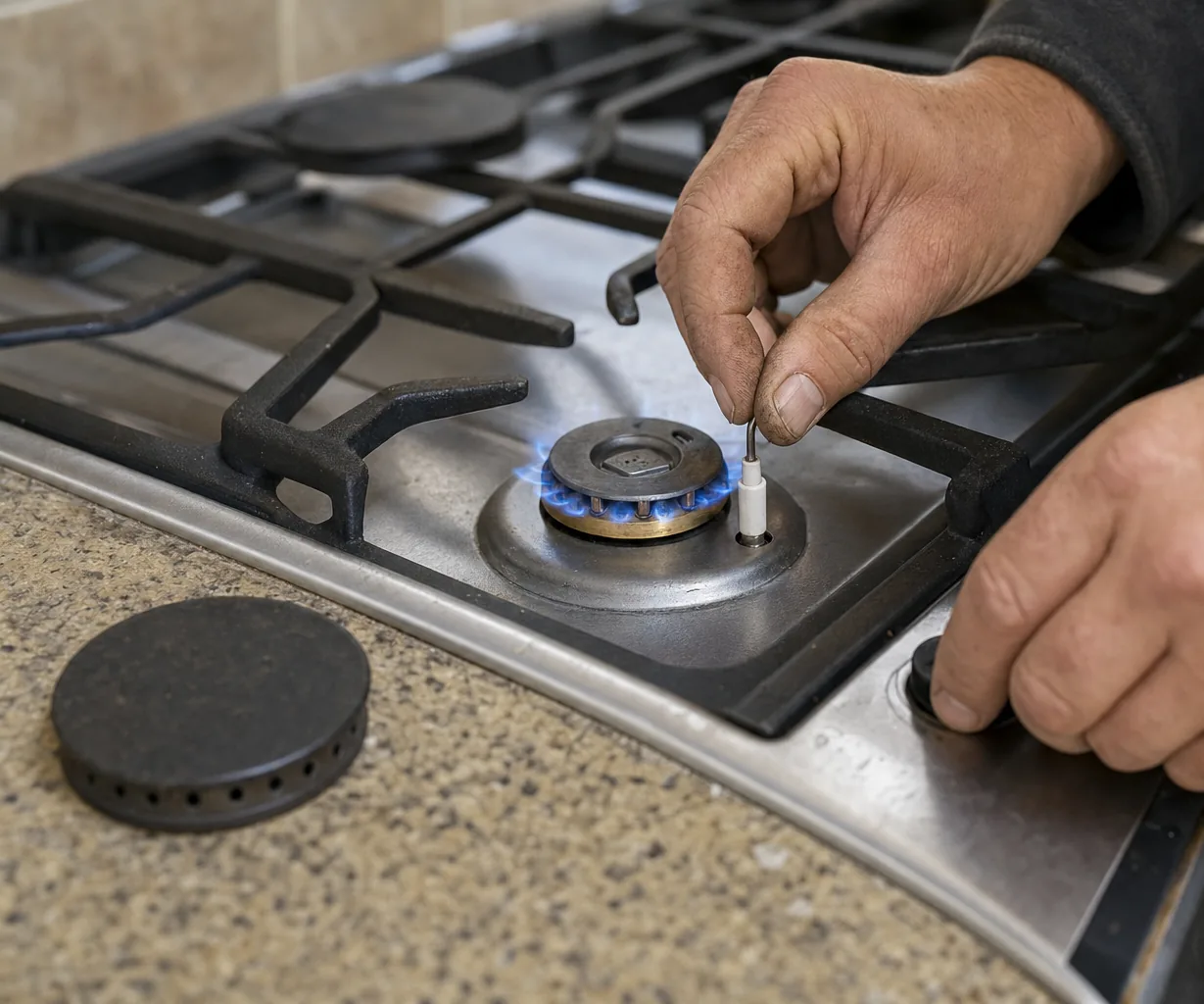 Technician adjusting a gas cooktop burner