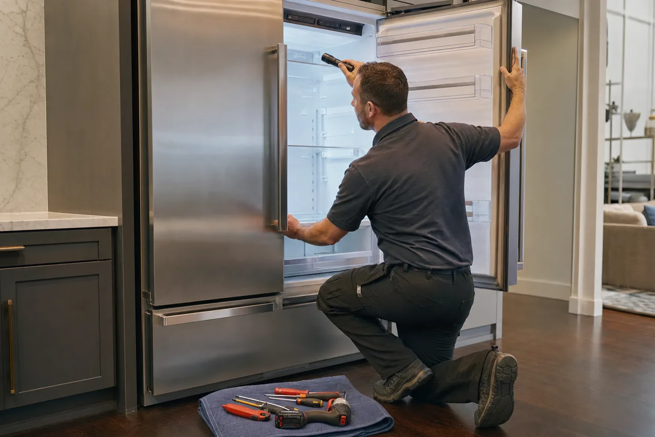 Technician repairing a built-in refrigerator mid-repair