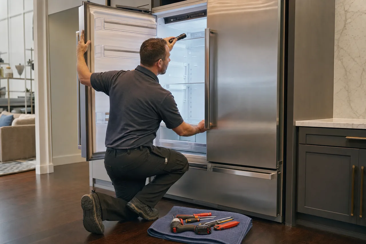 Technician repairing a built-in refrigerator up close