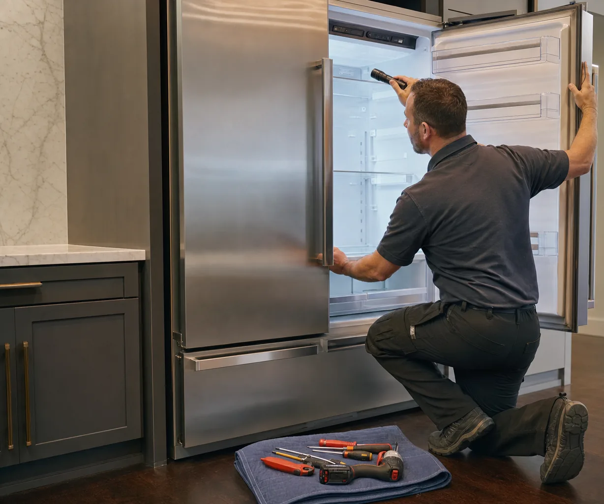 Technician repairing a built-in refrigerator in a New Canaan kitchen