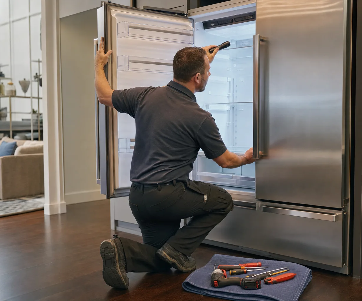 Technician repairing a built-in refrigerator mid-repair