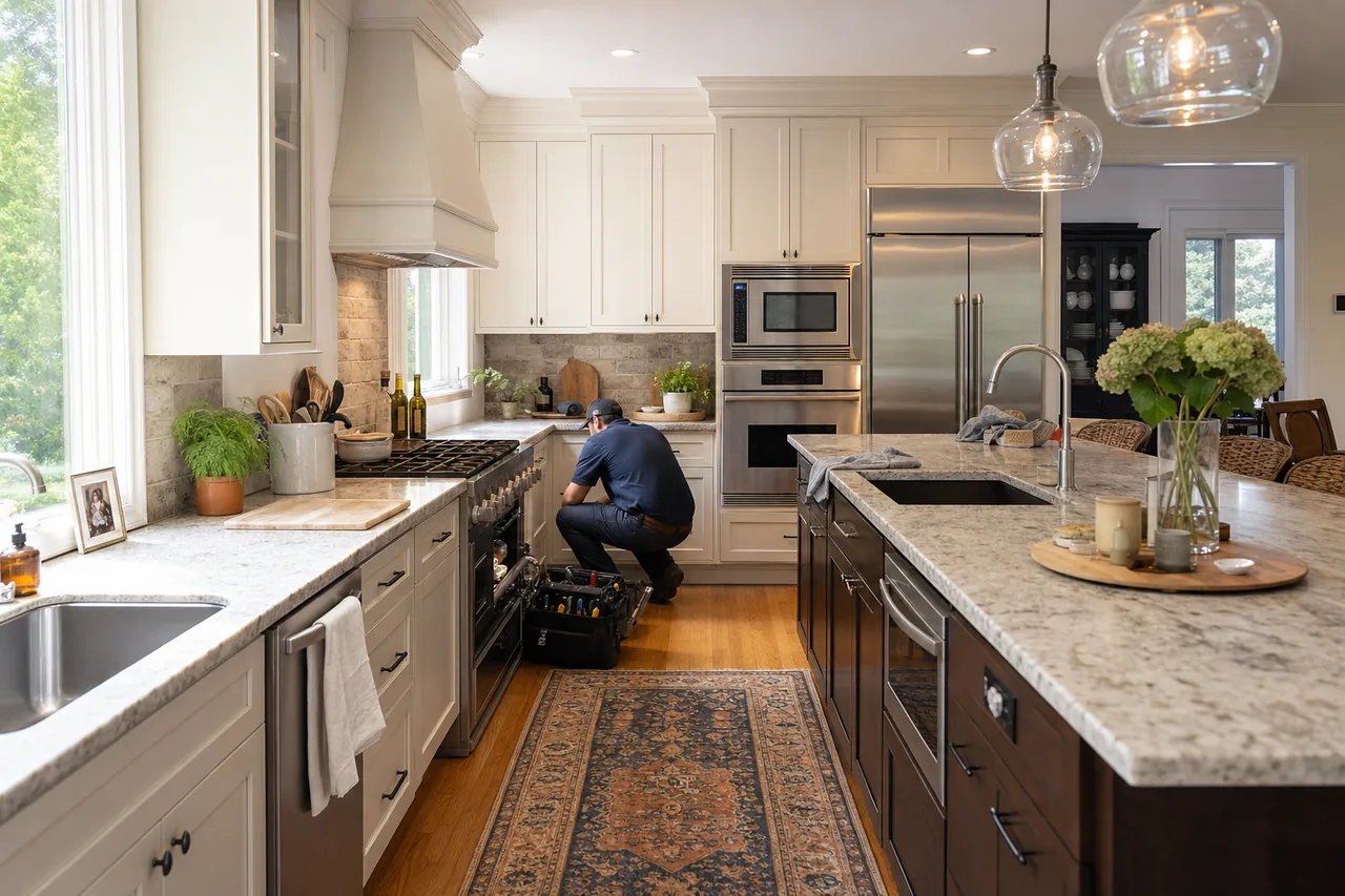 A New Canaan kitchen with a professional-style Viking range and built-in refrigeration