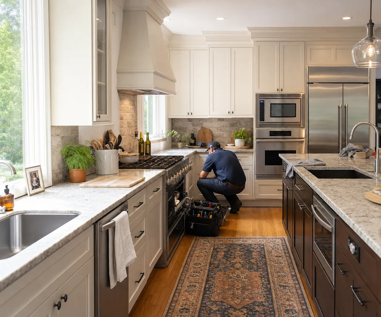 A luxury kitchen with built-in stainless appliances mid-repair