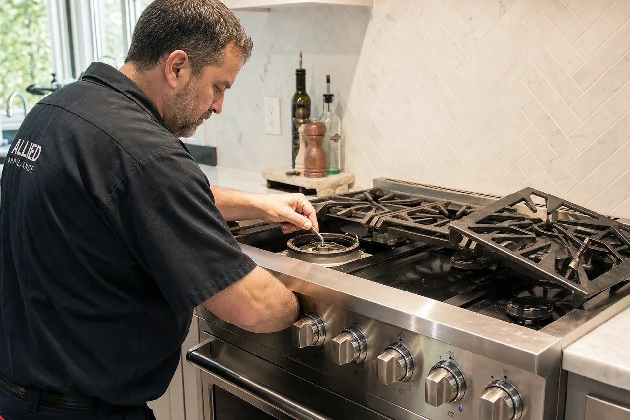 Technician servicing a stainless Viking range on a same-day visit