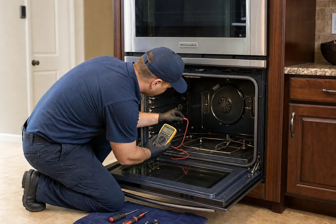 Technician servicing a built-in wall oven