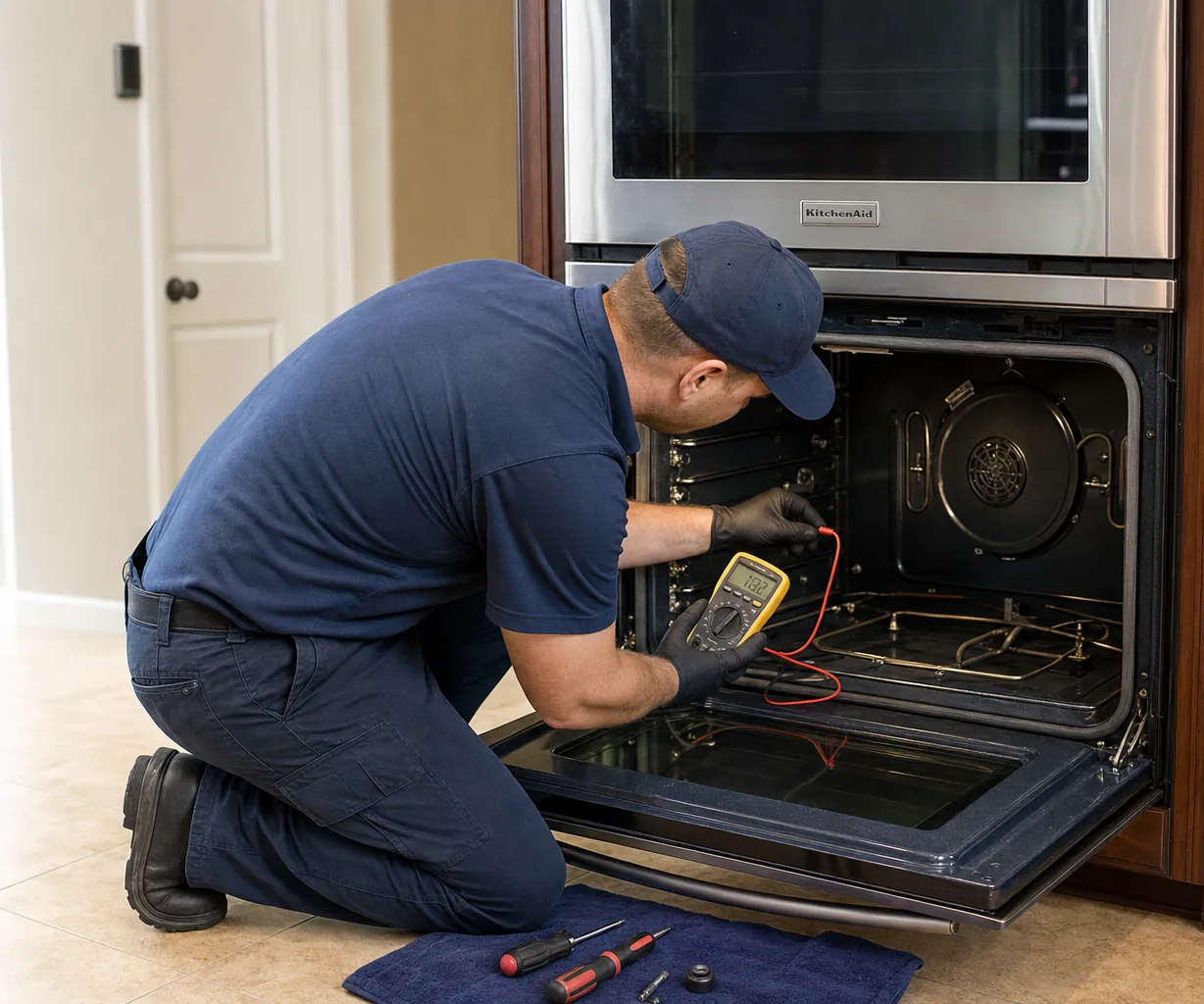 Technician servicing a built-in wall oven up close